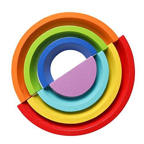 Kizh Wooden Rainbow Stacker Nesting Puzzle Blocks Tunnel Stacking Game Building Blocks Color Shape Matching Jigsaw Educational Toys Puzzle for Kids Baby Toddlers Children