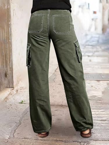 Flamingals Straight Leg Pants for Women Mid Rise Casual Cargo Solid Flap Pockets Pants2