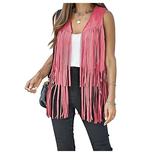FARYSAYS Womens 70s Hippie Costume Outfits Western Cowgirl Fringe Vest Faux Leather Tassel Party Clothes for Ladies Pink 1x