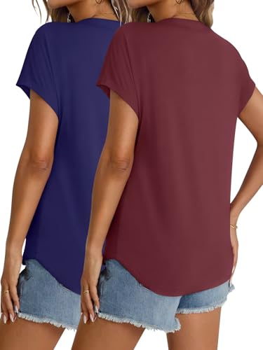 2 Pack Women's Short Sleeve Henley Tops V Neck Dressy Casual Summer Shirts 2025 Trendy Blouses Vacation Clothes2