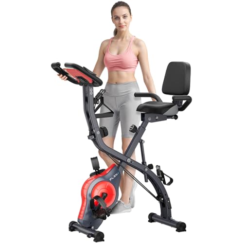 PLENY Folding Exercise Bike, Indoor Stationary Bike 16-Level Magnetic Resistance with Arm Resistance...