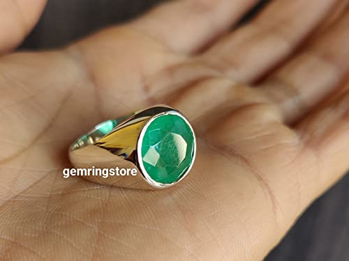 Mens Emerald Ring, Gemstone Signet Ring, 925 Solid Sterling Silver Ring, 22K Gold Fill, Bohemian Ring, Natural Emerald Gemstone Ring, Statement Ring, Handmade Jewelry, Gift Ring (925 Solid Silver, 13) #TOP3