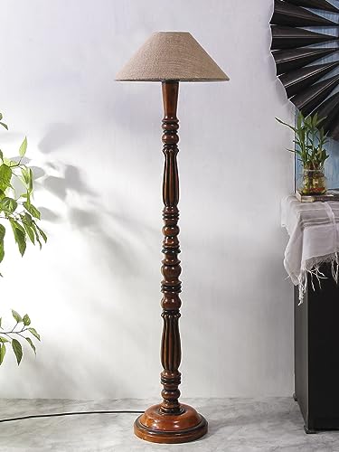 Image of Beaver Jute Shade Wooden Floor Lamp with Wooden Base, Height - 53 Inches | Contemporary Standing Lamp for Living Room, Bedroom & Office | Elegant Lighting for Stylish Home Interiors