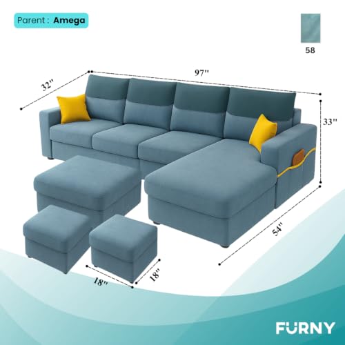 Image of Furny Tokiaa 8 Seater Fabric RHS L Shape Sofa Set with 1 Centre Table & 2 Puffy (Sky Blue) | Soft Velvet Fabric | Modern Design | Comfortable Seating | Living Room Furniture