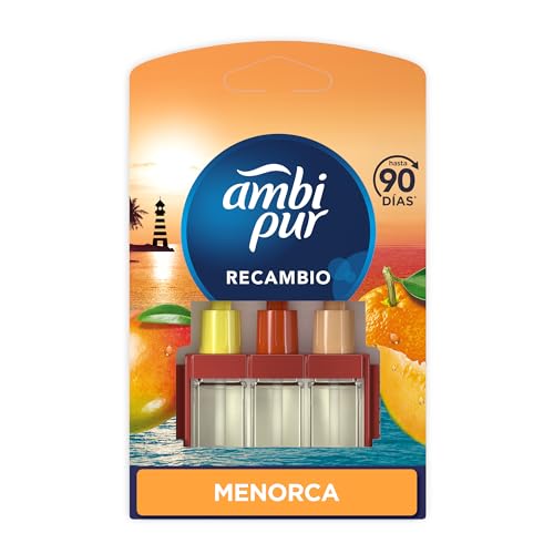 Ambi Pur 3Volution Atardecer En Menorca Recambio De Ambientador Eléctrico 20 ml, 3 Aromas Que Se Alternan Para Combatir Los Olores, El embalaje puede variar
