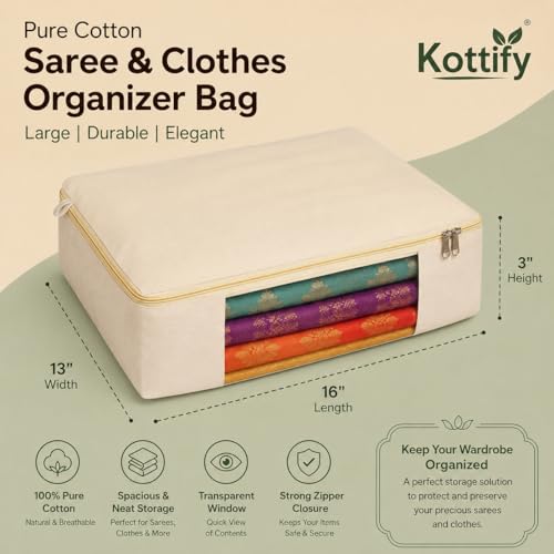 Image of Kottify Cotton Canvas Clothes Storage Bags Pack of 3 | Saree Covers with Zip | Saree & Dress Storage Bags with Zipper | Wardrobe Organizer for Women's Clothes, Lehengas, Suits (16 x 13 x 3 Inch)