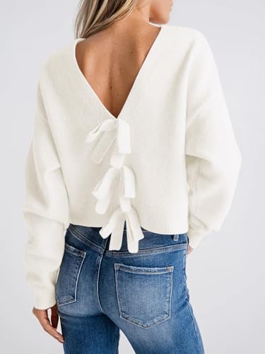 Image of Saodimallsu Womens Bow Sweater Cropped V Neck Long Sleeve Pullover Tops | Soft Cozy Knit, Two-Way Wear Design, Front & Back Bow, Cute Fall Tops 2026, Winter Fashion, Dressy Casual Holiday Outfits
