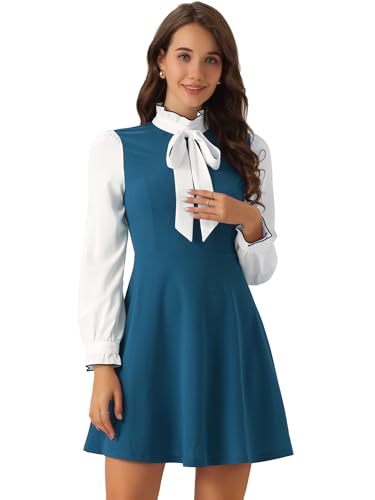 Image of Allegra K Tie Neck Dresses for Women's 1960s Vintage Long Sleeve Contrast Color Dress