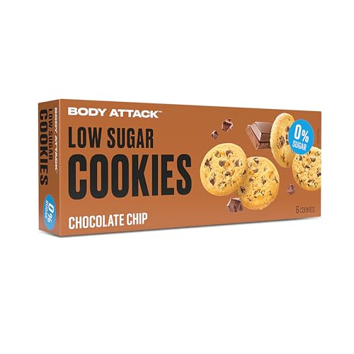 BODY ATTACK LOW SUGAR COOKIES - Chocolate Chip - 130 g - Köstliche Sorten mit wenig oder keinem Zucker - Kekse mit Protein - Eiweißreicher low sugar Snack - Aspartamfrei, Made in Germany