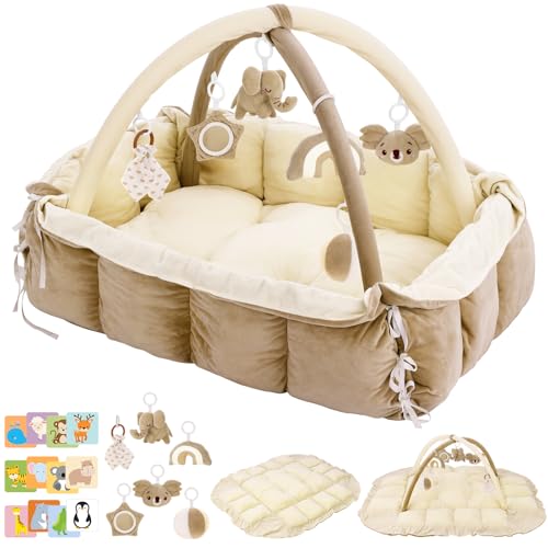 Image of Lanabuna 5-in-1 Baby Play Gym and Tummy Time Mat, 12 Learning Cards, Plush Activity Mat with 6 Toys, Baby Gym, Convertible to Ball Pit, Baby Gift, Cream