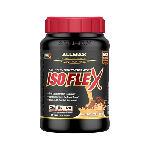 AllMax Nutrition ISOFLEX Whey Protein Isolate, Chocolate Peanut Butter - 2 lb - 27 Grams of Protein Per Scoop - Zero Fat & Sugar - 99% Lactose Free - Gluten Free & Soy Free - Approximate 30 Servings