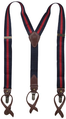 Tommy Hilfiger Men's 32mm Stretch Rugby Stripe Suspender With Convertible Clip and Button End With Solid Back Strap, Navy/Red, One Size