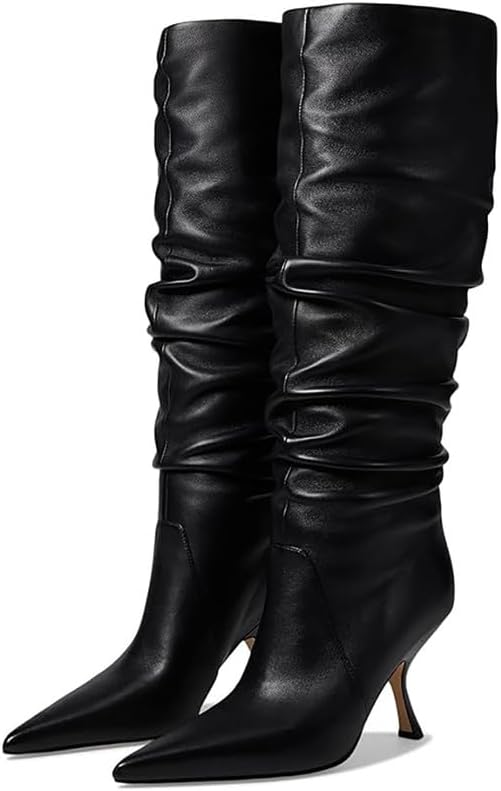 Erocalli Knee High Boots for Women Wide Calf Slouchy Tall Boot Kitten High Pointed Toe Side Zipper Winter Fashion
