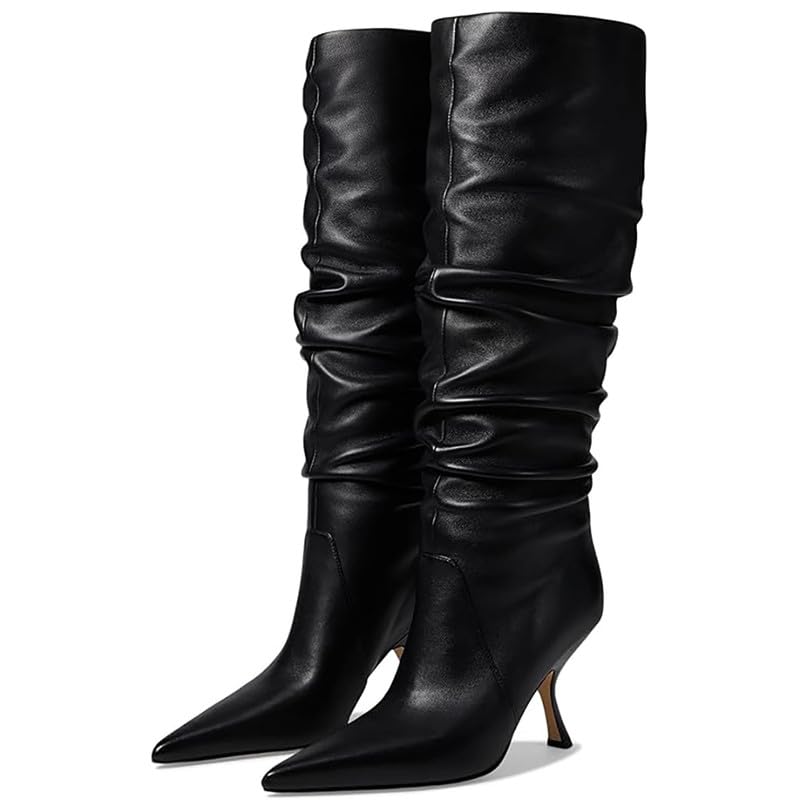 Erocalli Knee High Boots for Women Wide Calf Slouchy Tall Boot Kitten High Pointed Toe Side Zipper Winter Fashion