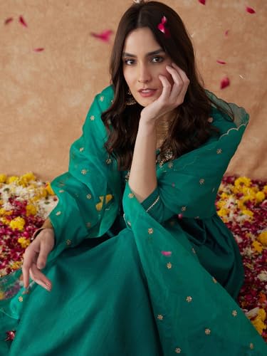 Image of SheWill Women's Vichitra Zari Sequence Embroidery Alia Cut Kurta with Palazzo Dupatta Set