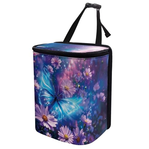 Image of Talayituse Butterfly Daisy Floral Print Car Trash Can with Lid, Leak Proof Auto Trash Bag Hanging Vehicle Garbage Can Multipurpose Storage Container for Back Seat Road Trip