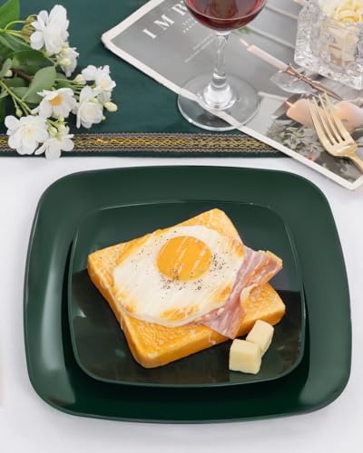 PULOTE 100PCS Green Plastic Plates - Green Square Disposable With Gold Rim - Include 50 Dinner 10inch, 50 Dessert 7.25inch Plates for Party&Christmas — view 5