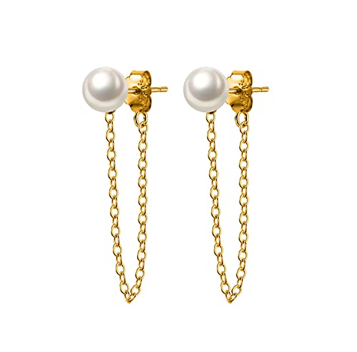 Reffeer Solid 925 Sterling Silver Pearl Chain Dangle Earrings Tassel for Women Teen Girls Pearl Chain Drop Earrings Studs