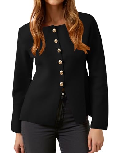 Cicy Bell Womens Button Up Cardigan Sweaters Lightweight Long Sleeve Knit Tops Business Casual Round Neck Fitted Jacket
