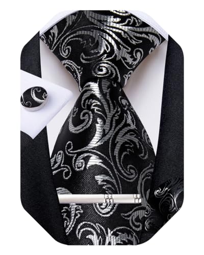 Image of DiBanGu Silk Floral Ties for Men Woven Paisley Necktie and Tie Clip Handkerchief Cufflinks Set for Party Wedding