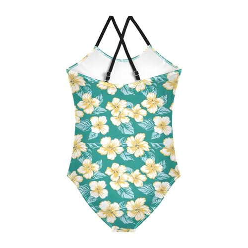 senya Girls Swimsuits One-Piece Swimwear Tie Bathing Suit Beach Summer Round Neck 5-6T Hawaiian Flowers Pattern2