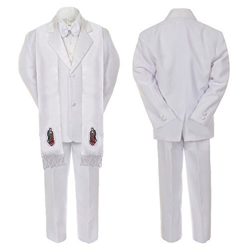 Image of New Born Baby Boy Baptism White Notch Lapel Suit Silver Guadalupe On Stole SM-20