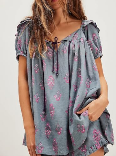 Image of ROAONOCOMO Women Floral Pajama Set Ruffle Puff Sleeve Peplum Shirt Coquette Pj Set Bow Babydoll 2 Piece Shorts Outfit