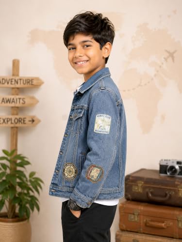 Image of KiddoPanti Boys Denim Jacket | Cotton Poly Blend with Spandex | Washed Denim, Full Sleeve | Button Closure & Front Flap Pockets | Collared Neck