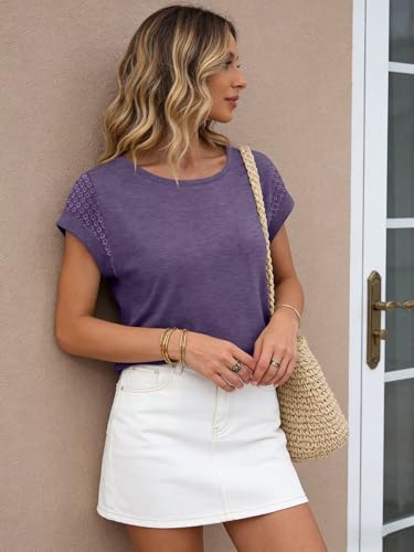 Image of Bliwov Womens Tops Lace Cap Sleeve T Shirts,Cute Trendy Casual,Beach Vacation Outfits,Summer Spring Fashion Clothes