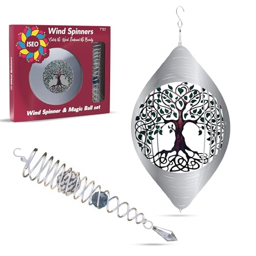 ISEO Tree of Life Wind Spinner Outdoor and Gazing Ball Set, Metal Yard and Garden Decoration, Weather-Resistant Wind Spinners for Outdoor, 6.5