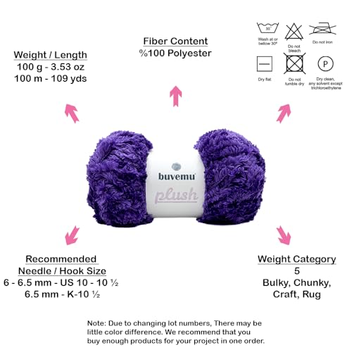 Image of Plush Faux Fur Bulky Yarn, Super Soft Fluffy Fuzzy for Knitting Crocheting Crafting, 100 Gram (3.53 Ounces) 109 Yards (100 Meters) (Violet) (5 Skeins)