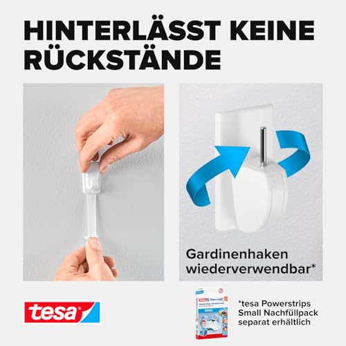 tesa Powerstrips Vario-Gardinenhaken/Selbstklebende Gardinenhaken von tesa - wieder ablösbar und mehrfach verwendbar/Bis 1 kg Belastung / 1 x 4 Stück/Weiß