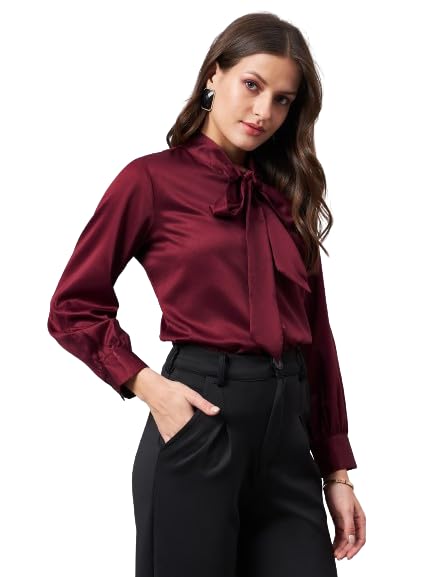 Women Solid Maroon Satin Tie up Regular Formal Shirt-image-46