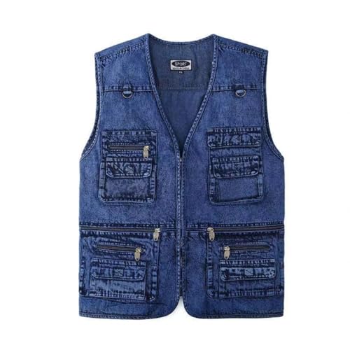 Gilet da uomo in denim multi-tasche per il tempo libero, lavoro, caccia, viaggi, pesca, blu, 5XL