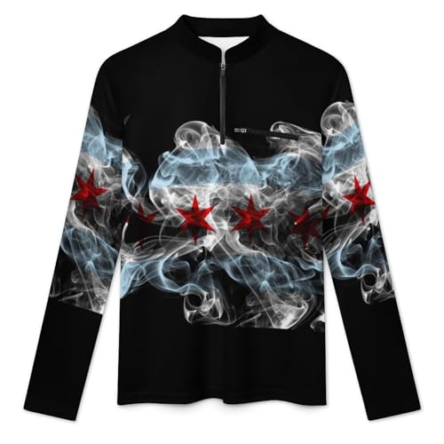 Chicago City Smoke Flag Men's Rash Guard Long Sleeves Quick Dry Fishing Workout Shirts with Zipper3