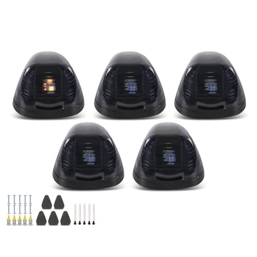 PIT66 5PCS Cab Roof Marker Running Lamps w/White LED Lights Fit Ford E150 E250 E350 E450 E550 F150 F250 F350 F450 F550 Super Duty Pickup Truck 1999-2017 8C34-15442-CB, 8C34-15442-AD Smoke Lens