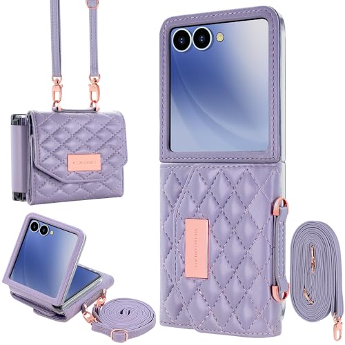 for Samsung Galaxy Z Flip 7 Wallet Case with Built-in Leather Cash Slot and Credit Card Holder, Adjustable Crossbody Strap, Hinge Protection for Women Ladies.(Purple) Purple Galaxy Z Flip 7
