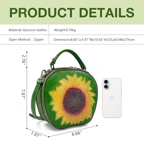 Genuine Leather Vintage Bag for Women: Cowhide Leather Crossbody Purse - Sunflower Embossed Handbag2