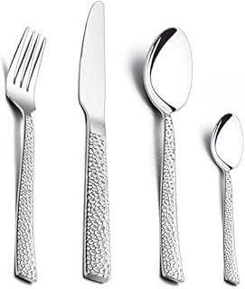 16 Pieces Cutlery Set, HaWare Stainless Steel Hammered Flatware Cutlery Silverware for Home/Office/Party/Camping, Knife Fork Spoon Eating Utensils Set Service for 4, Mirror Polish & Dishwasher Safe