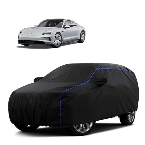 Image of Sulfar 100% Water Resistant Car Body Cover Compatible with Mirror for Porsche Taycan (Triple Stitched, Full Bottom Elastic, Black Tafetta with Blue Piping)