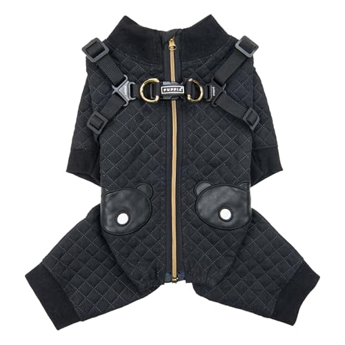 Puppia Quilo Warmer süßer Winteroverall mit integriertem Geschirr für kleine und mittelgroße Hunde, Schwarz, Größe S