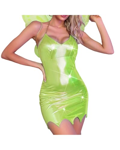Women Halloween Elf Mini Dress Tinkerbell Forest Fairy Costume Ivy Pixie Princess Cosplay Dress with Wings Party Role Play Dress (Green A XL)