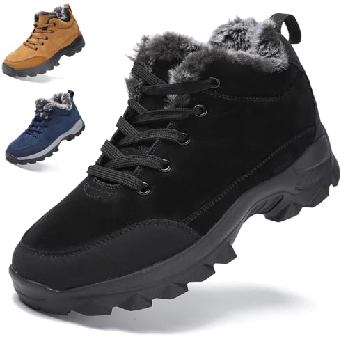 Men's Suede Winter Warm Lug Sole Snow Ankle Boots Comfortable Lightweight Waterproof Non-Slip Round Toe Lace-up Fluff Lined Outdoor Ankle Shoes for Cold Weather Walking Hiking
