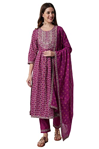 Image of Amayra Women's Cotton Embroidered Nayra Cut Kurta with Pant and Dupatta Set