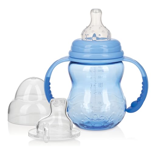 Image of Nuby 3 in 1 Baby Bottle to Training Sippy Cup - 8 Oz Toddler Cups Spill Proof with Soft Spout, Nipple & Removable Grip Handles - Dishwasher Safe (Blue)