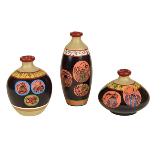 Image of Aakriti Art Creations Vase Earthen Black Madhubani Set of 3 | Hand-Painted Terracotta Flower Vases | Matte Finish Decorative Vases for Living Room, Table Decor & Gifting