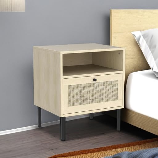 Angel Sar Rattan Night Stand, Set of 2, Boho Nightstand with 1 Door, Accent End Table, Wood Bedside Table with Metal Legs & Open Shelves, Natural Wood