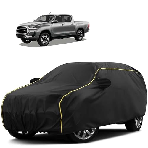 Image of Sulfar 100% Water Resistant Car Body Cover Compatible with Mirror for Toyota Hilux (Triple Stitched, Full Bottom Elastic, Black Tafetta with Yellow Piping)