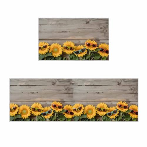 2 Pieces Kitchen Rugs and Mats,Abstract Sunflower with Sunglasses Area Runner Rug Set Non Slip Floor Doormat Washable Carpet Standing Mat for Kitchen Sink Indoor Corridor,Summer Flower on Wood Board