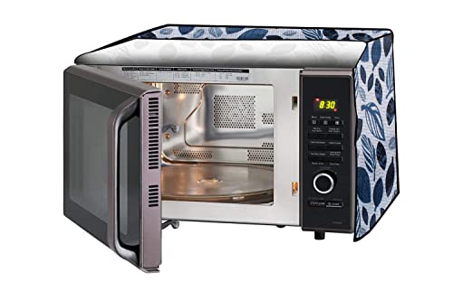 Image of PVC Microwave Oven Cover for Panasonic 27L N-CT645BFDG | Full Closure Zip | Waterproof & Dustproof | Attractive Digital Print | 51.3 x 30.6 x 47.1 cm | Blue Grey Leaf Design